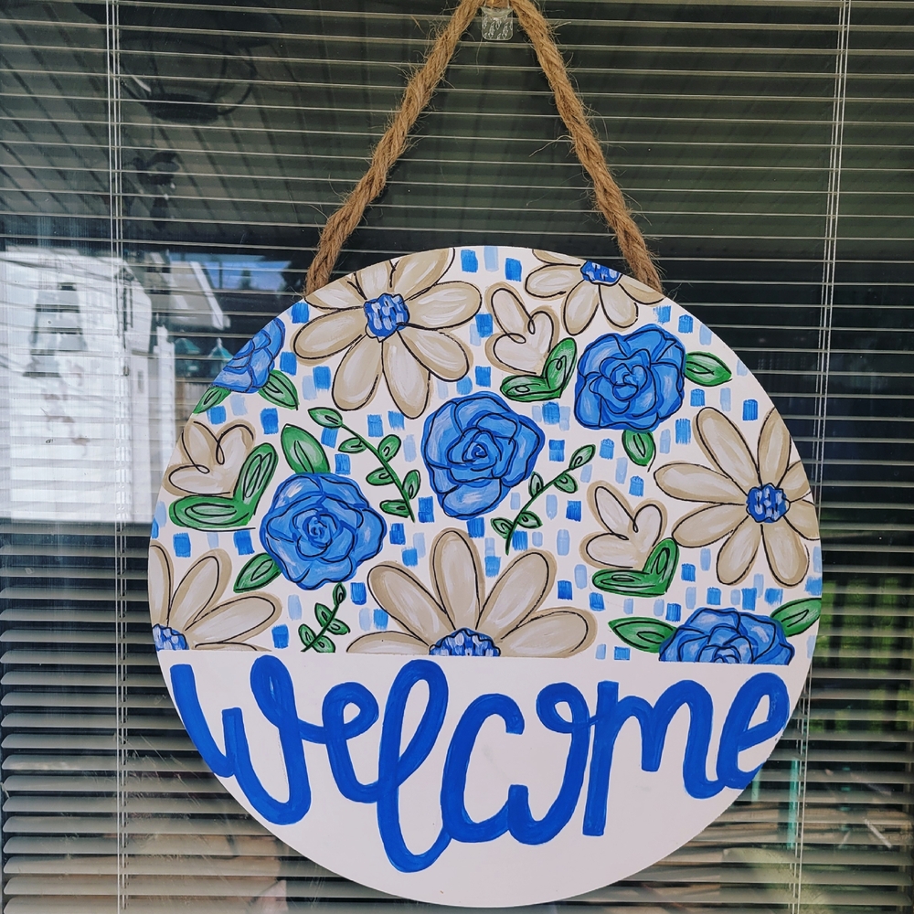 Blue and White Floral Welcome Sign